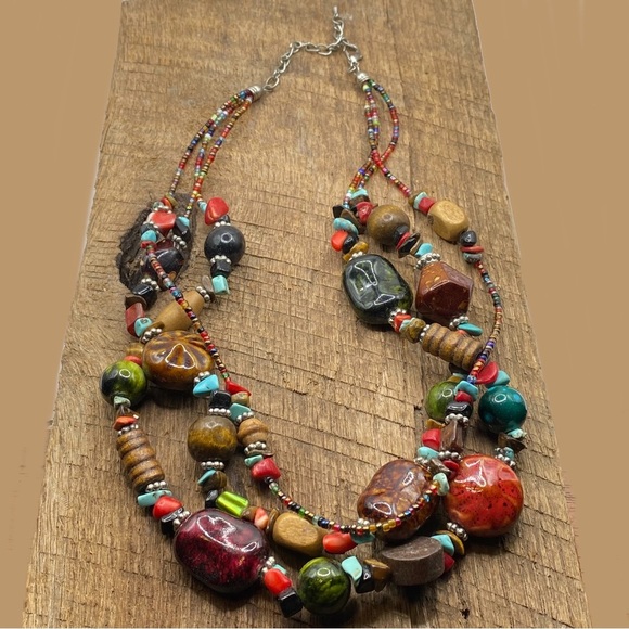 Boho Eclectic Beaded Multicolored Multi-Strand Necklace - Picture 1 of 5